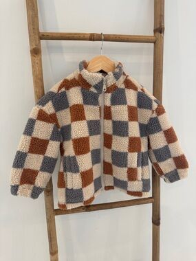 Rylee + Cru Checkerboard Sherpa Jacket - Cream, Gray & Brown